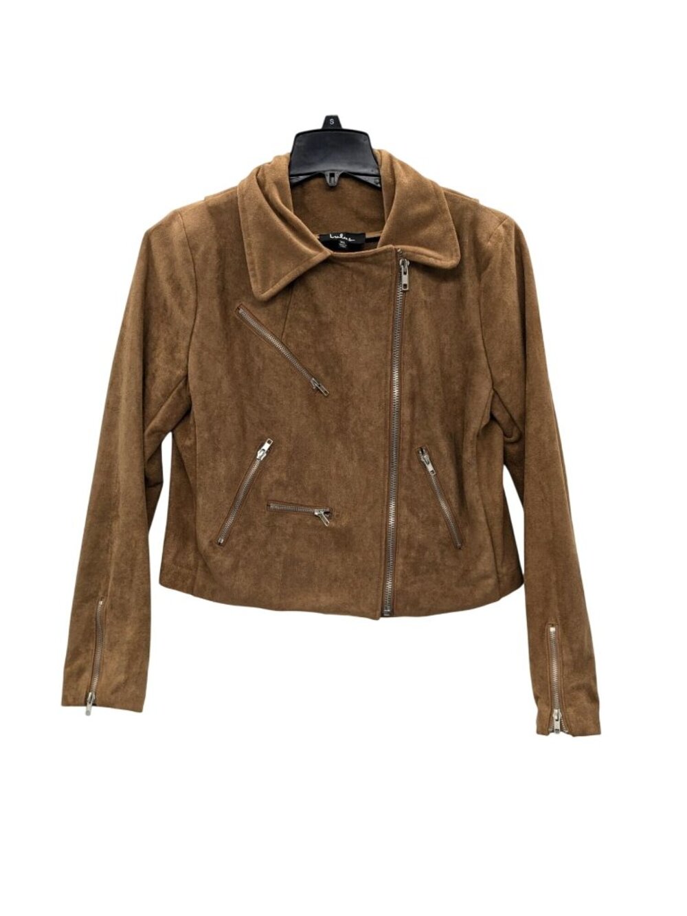 Moto Cropped Brown Jacket Biker Faux Suede Fitted Y2K Asymmetrical Zip XLarge